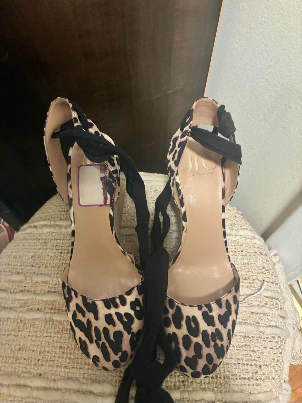 Jennifer Lopez Leopard Print Tie-Ankle Heels - Black & Beige